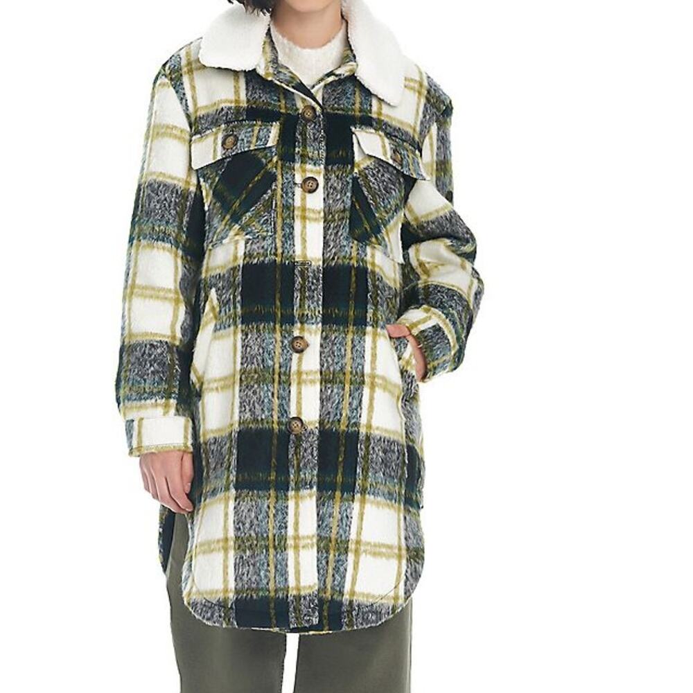 Koolaburra by UGG Coat Small Faux Wool Plaid Shacket Sherpa Gold Green NEW